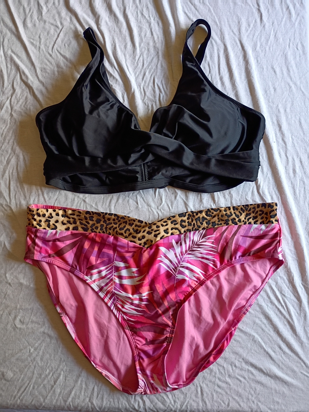 Black Bikini Top with Pink Tropical Bottoms - Women's Swim Set